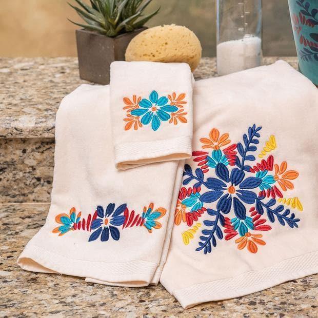 Cream color bonita spanish floral embroidered bathroom towels. Your Western Decor