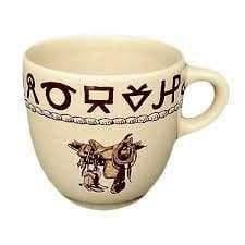 china mug with boots, saddle, rope and brands. Made in the USA. Your Western Decor