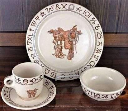 Ranch brands, saddle and boots western dinnerware. China. Made in the USA. Your Western Decor