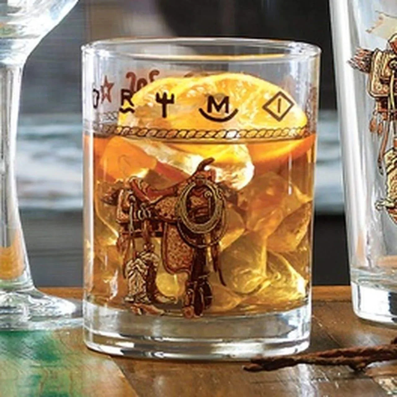 Boots, saddle, rope and brands western double old fashioned glasses