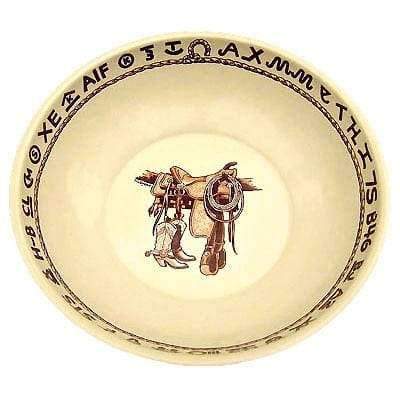 boots, saddle and brands western round china serving bowl. Made in the USA. Your Western Decor