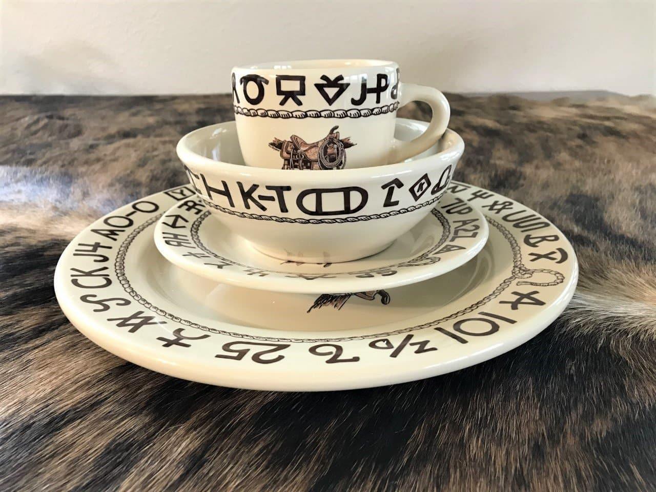 Western china dinnerware made in the USA. Boot, saddle, rope & brands imagery. Your Western Decor