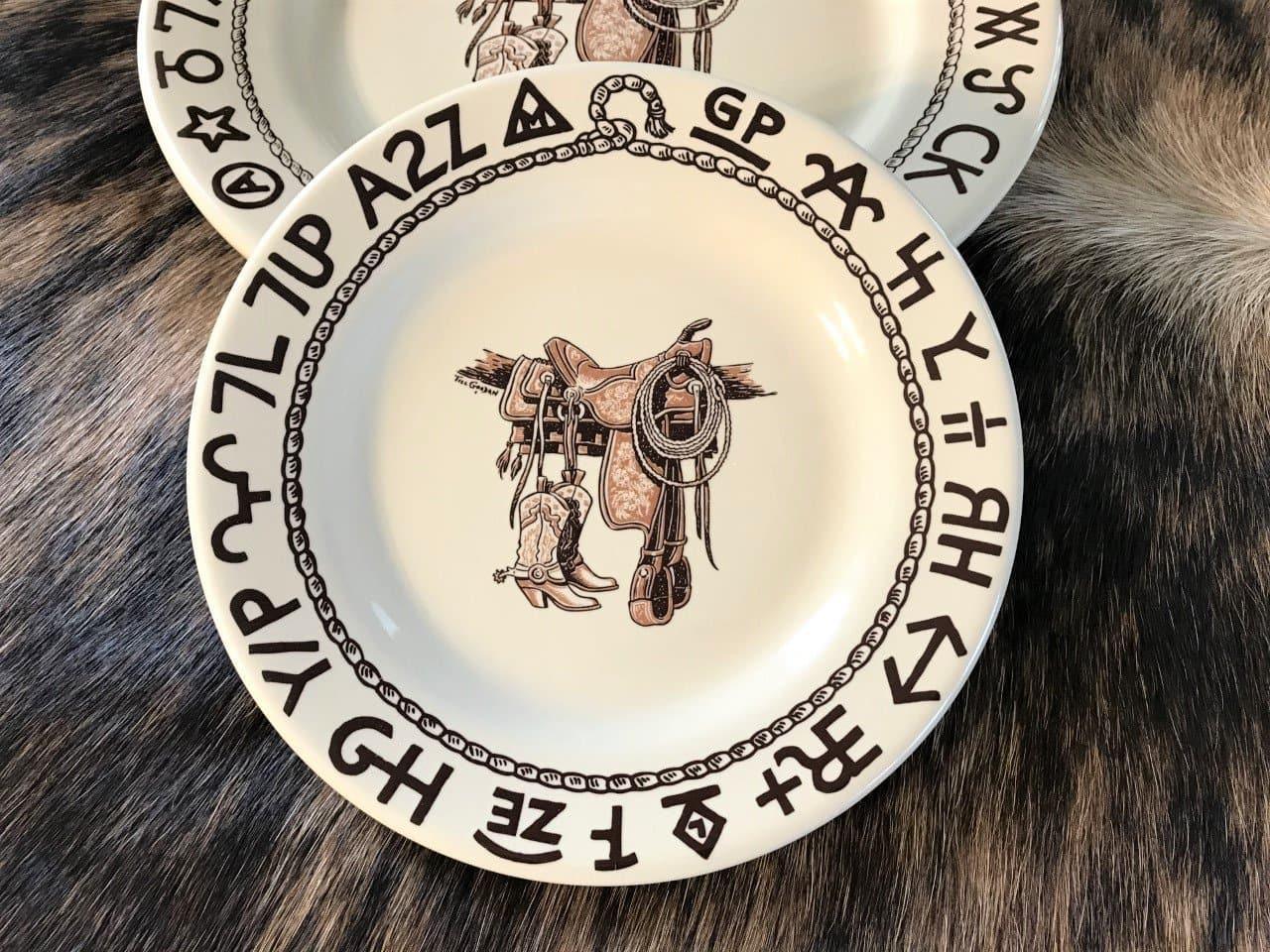 Western china dinnerware made in the USA. Boot, saddle, rope & brands imagery. Your Western Decor
