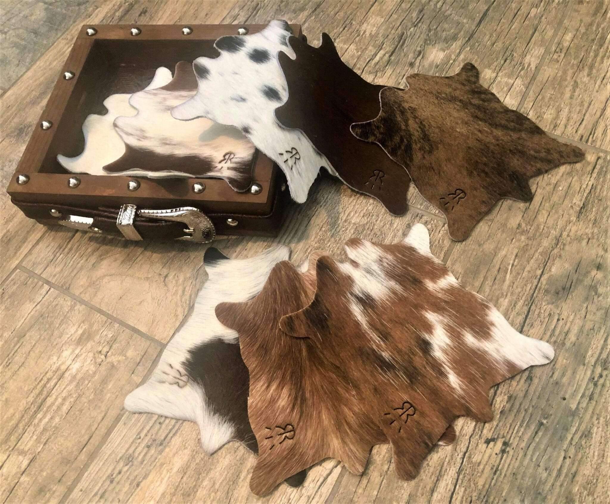 Branded cowhide coaster set with barn wood box. Your Western Decor