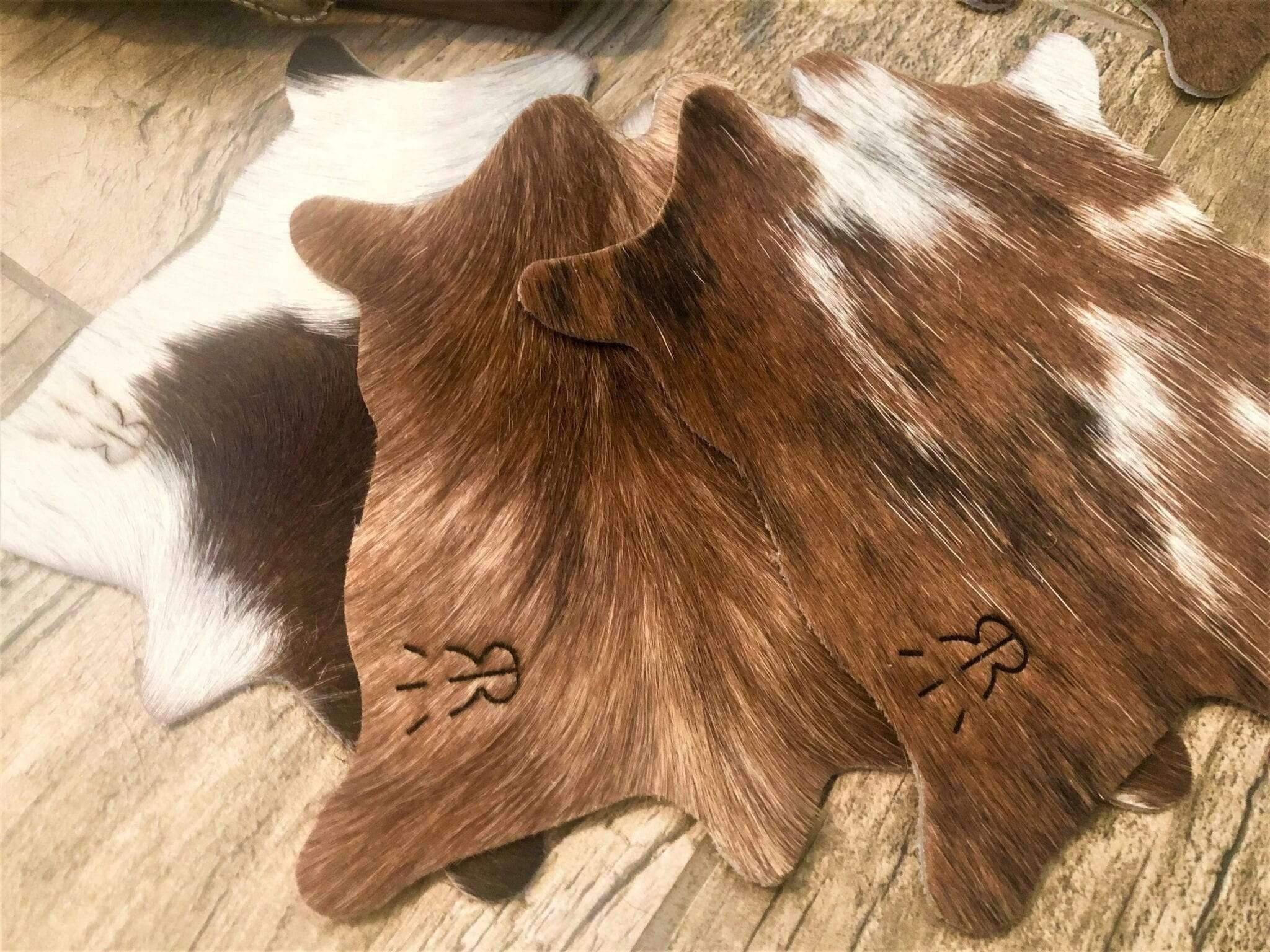 Cowhide coaster set with custom brand. Handmade. Your Western Decor