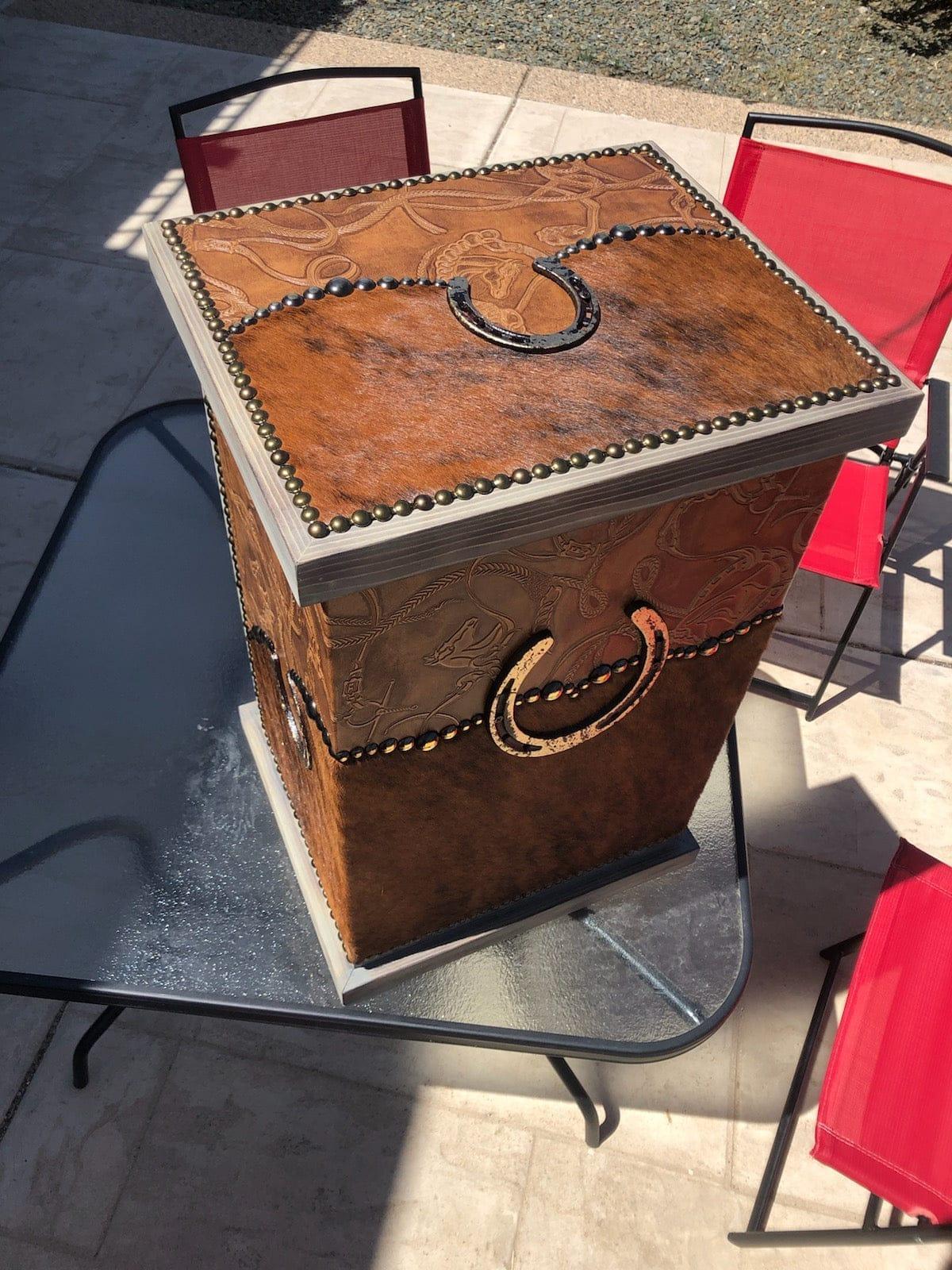 Brindle Cowhide & Horseshoe Hamper made in the USA - Your Western Decor