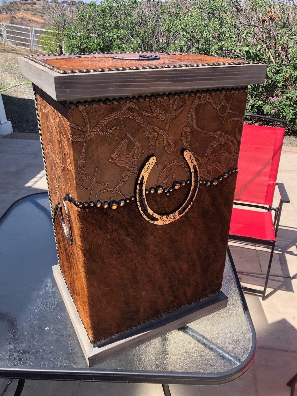 Brindle Cowhide & Horseshoe Hamper made in the USA - Your Western Decor