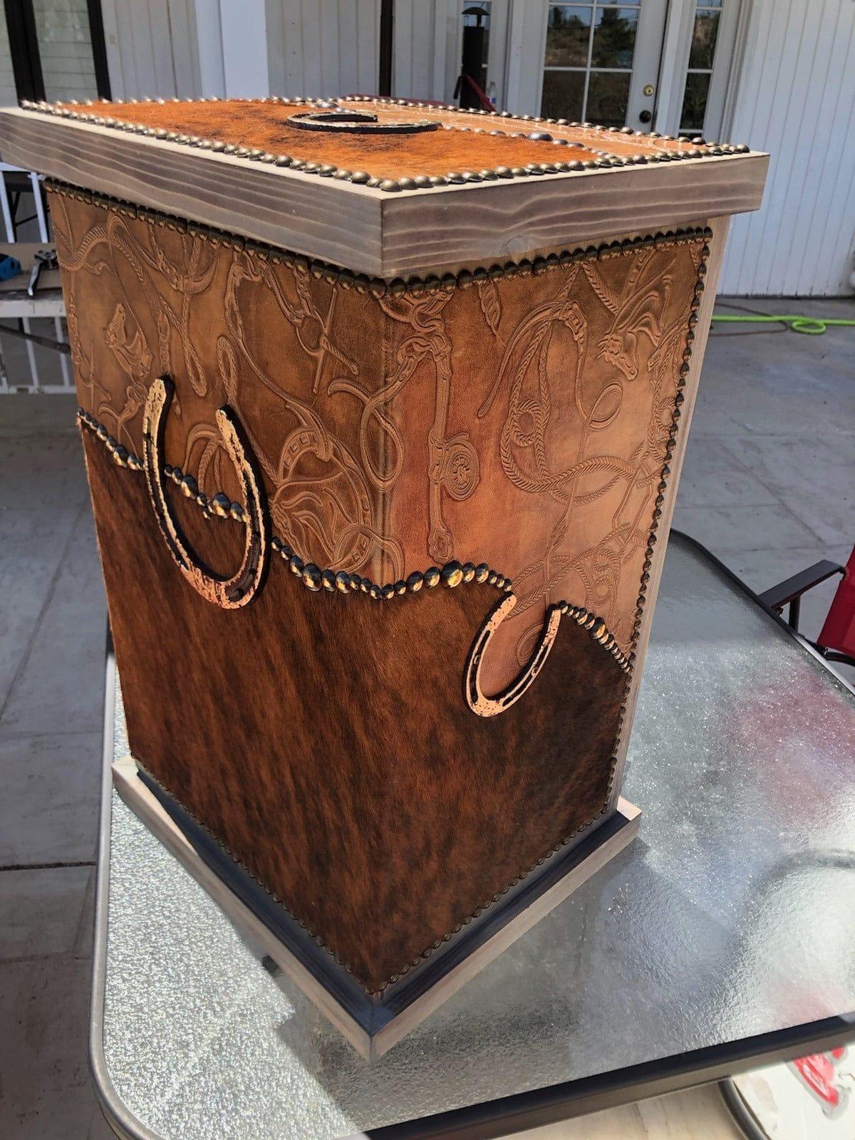 Brindle Cowhide & Horseshoe Hamper made in the USA - Your Western Decor