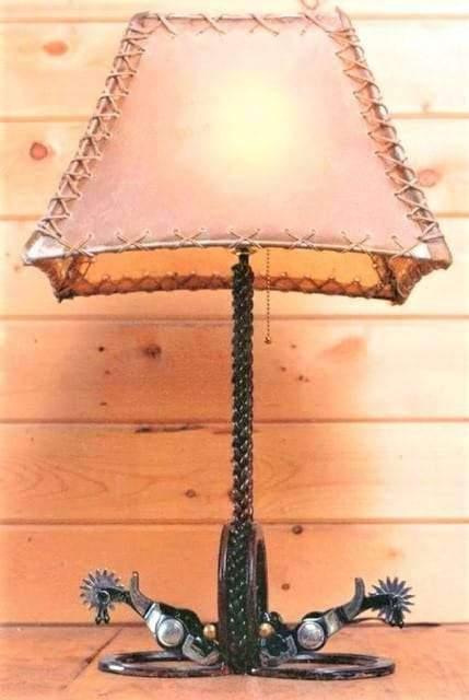 Western iron spur table lamp with rawhide lamp shade - Made in the USA