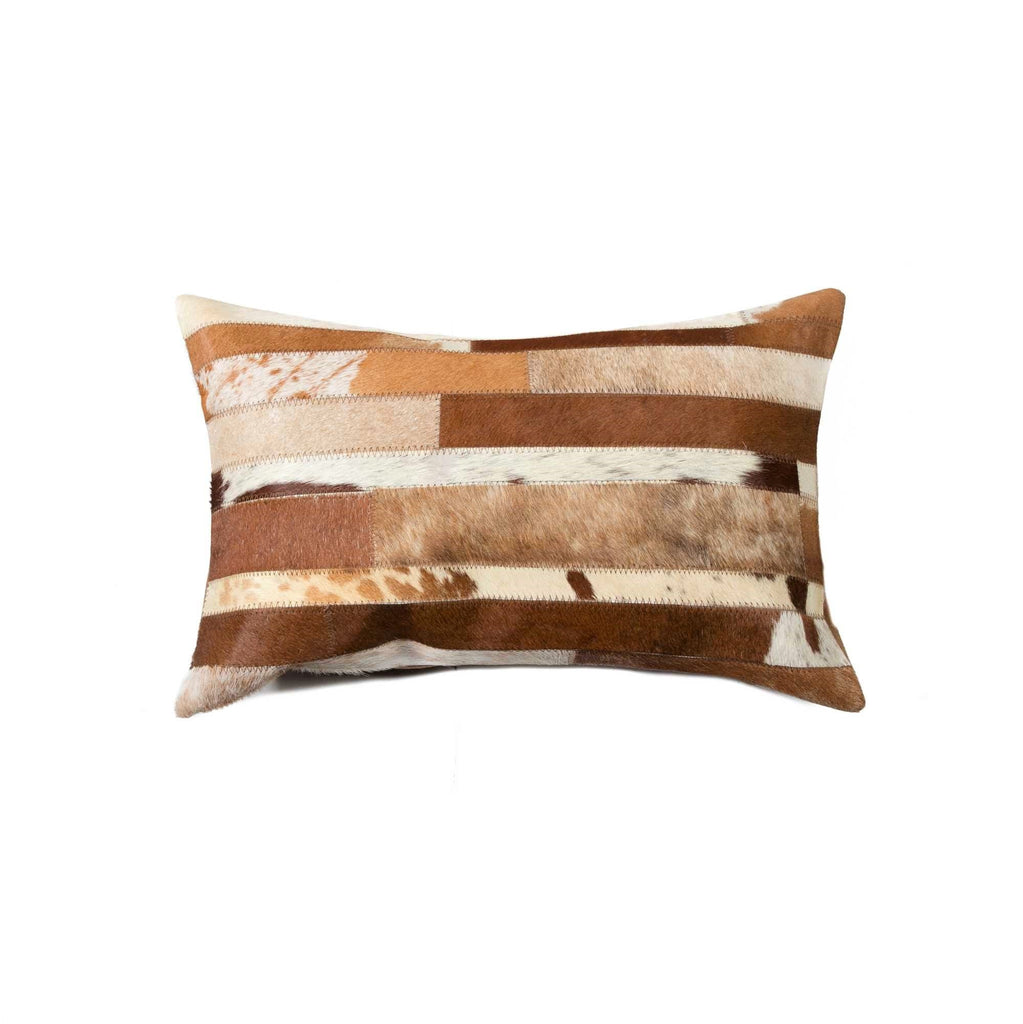 Browns and white cowhide strip patch throw pillow. Handmade. Your Western Decor