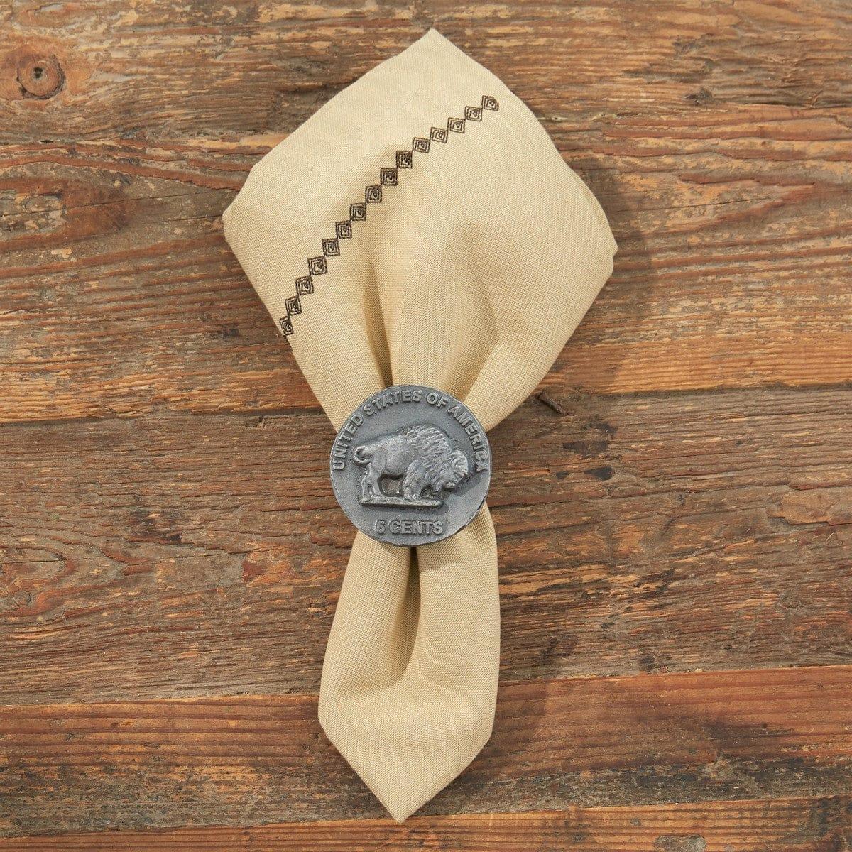 Burlap tan cloth napkins with buffalo nickel napkin rings. Your Western Decor