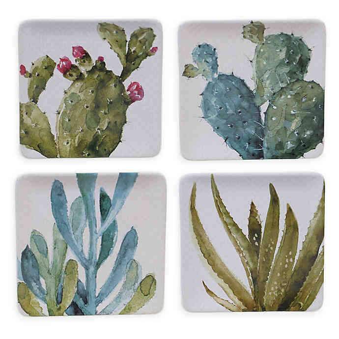 Cuctus and succulent desiner dinnerware. Square salad plate set of 4. Your Western Decor, LLC
