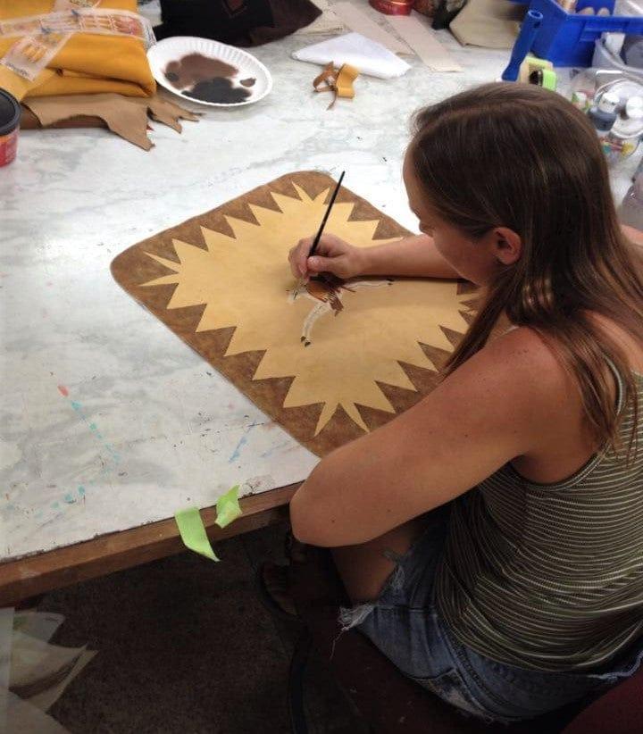 handcrafted deer suede pillow with native inspired artwork