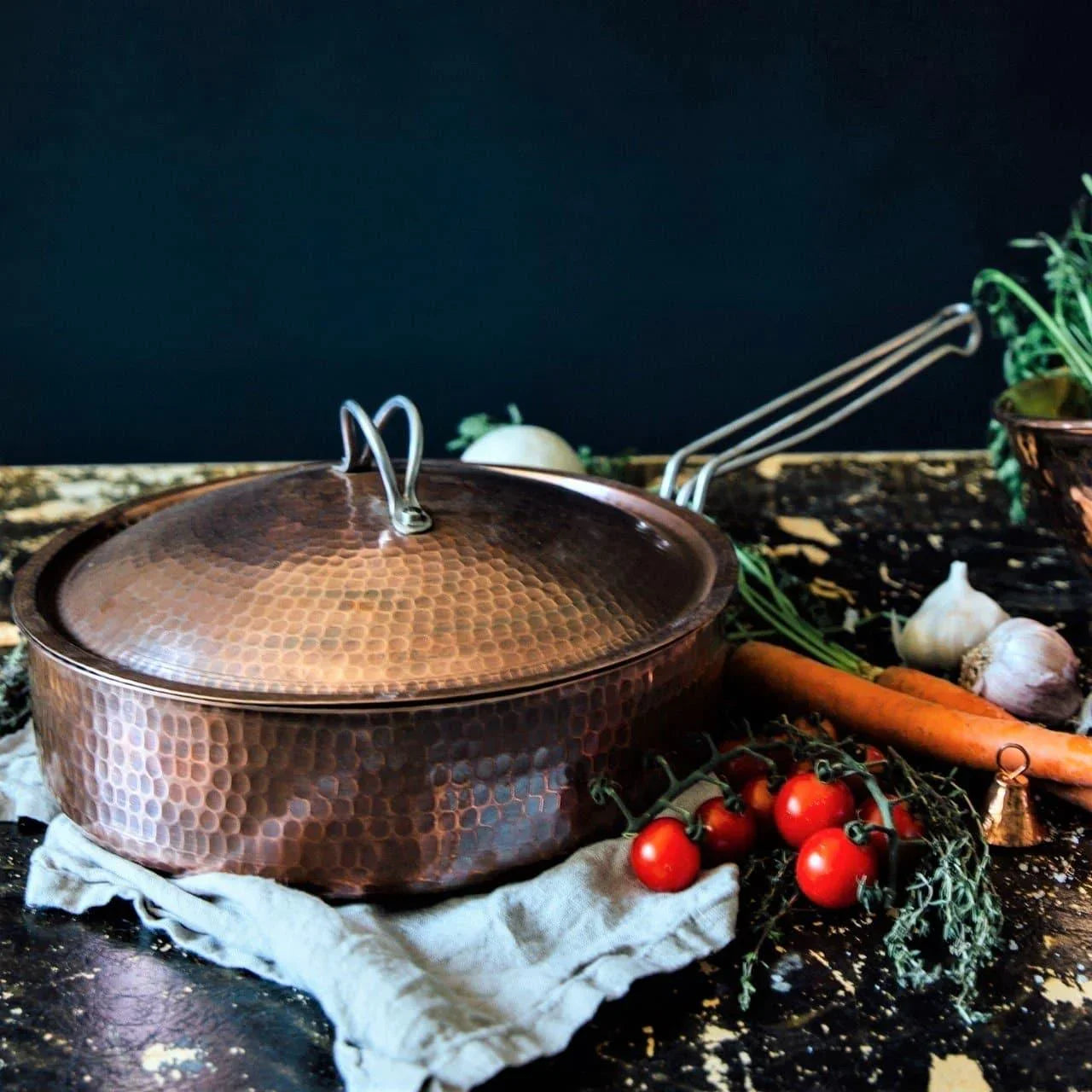 handmade hammered copper saute pan with lid in peacock patina - Your Western Decor
