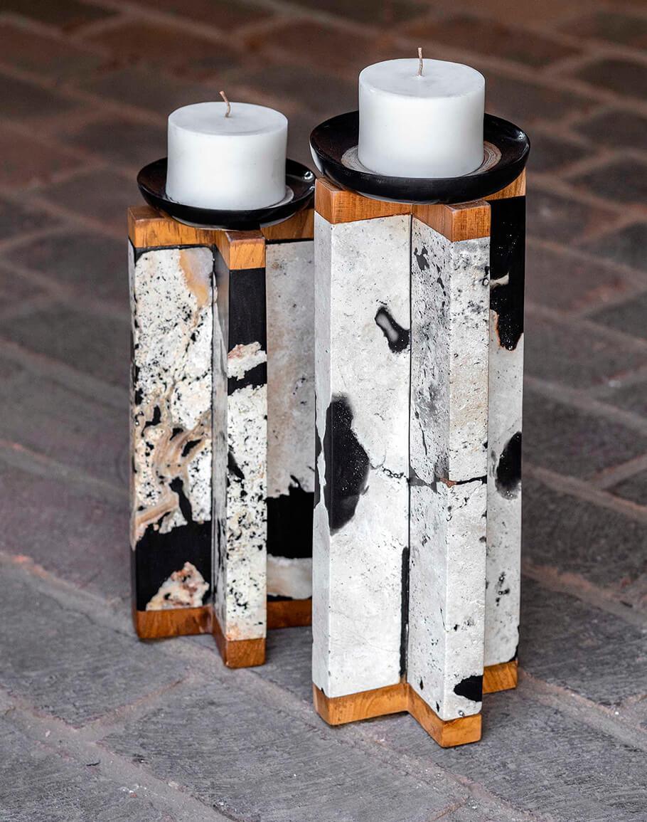 Set of 2 Coral Stone & Teak Wood Candle Holders - Your Western Decor