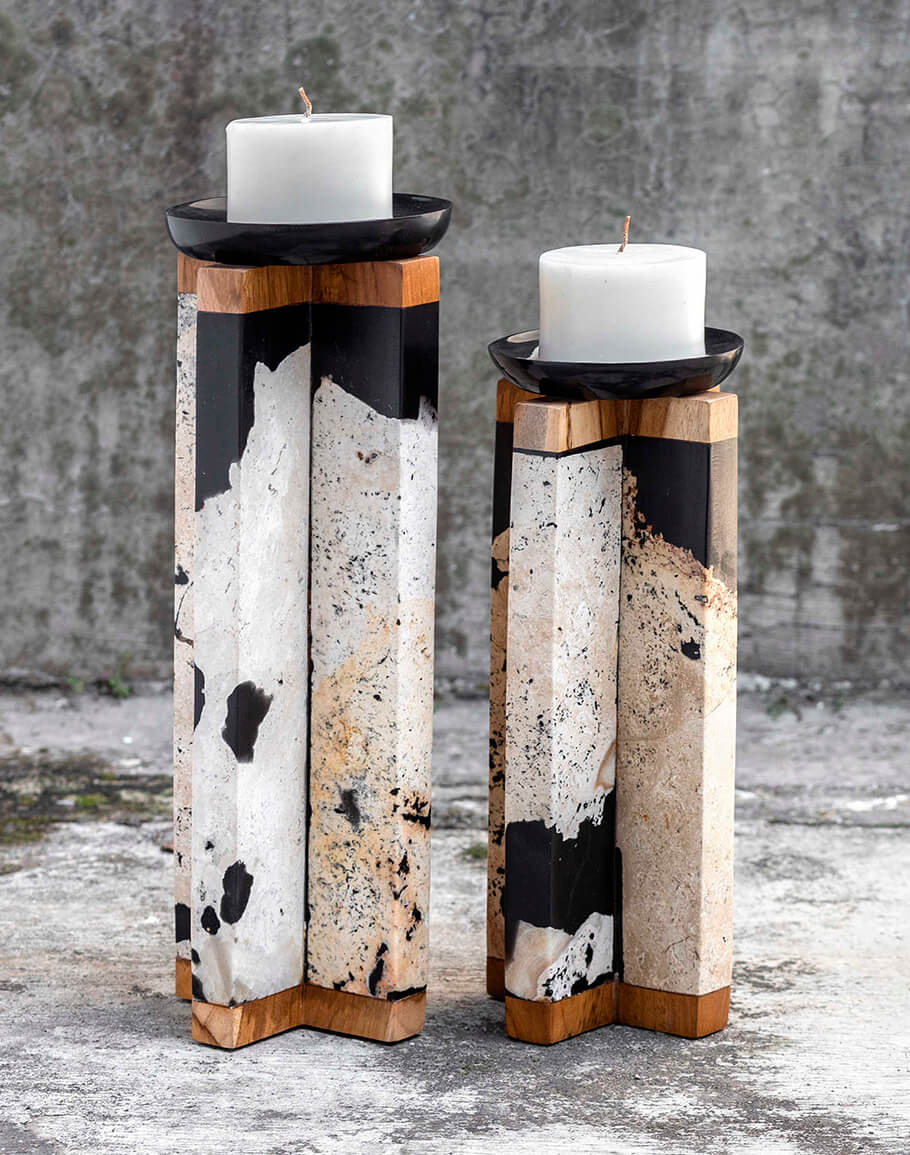 Coral Stone & Teak Wood Candle Holders