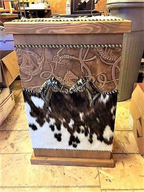 Wood storage hamper with cowhide and leather upholstery. Made in the USA. Your Western Decor