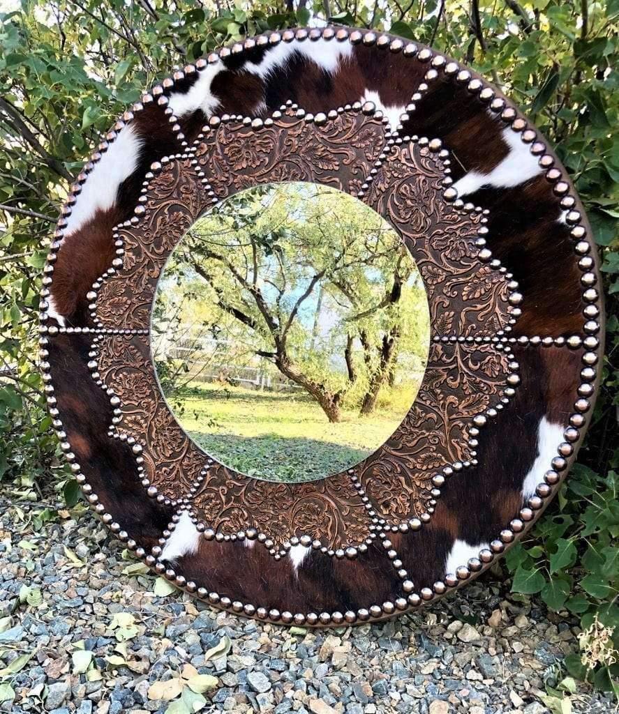 Tri color cowhide and floral embossed leather western wall clock. Made in the USA. Your Western Decor