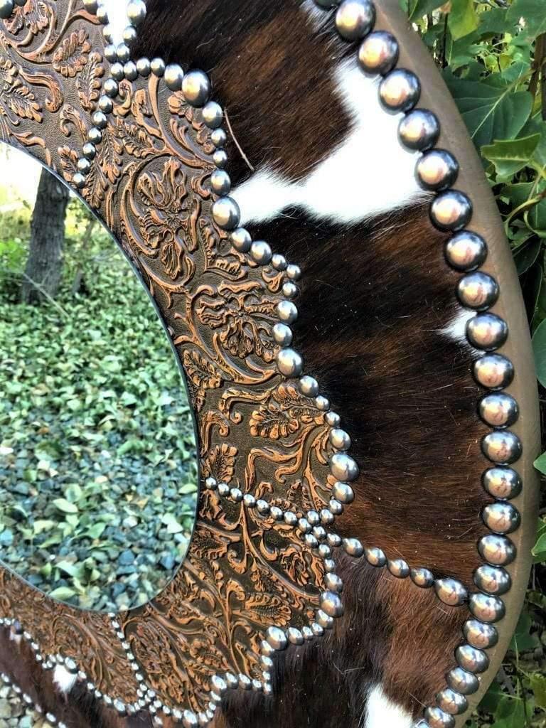 Tri color cowhide and floral embossed leather western wall clock. Handmade in the USA. Your Western Decor