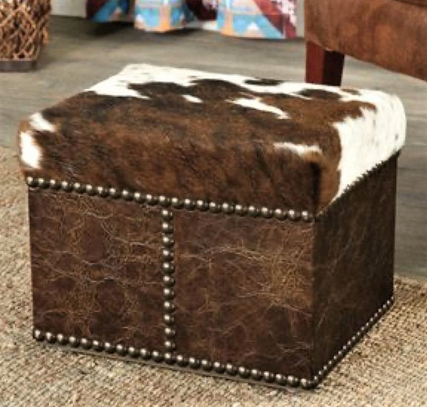 Tri Color Cowhide & Leather Western Footstool - Made in the USA - Your Western Decor