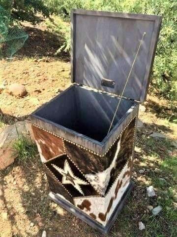 Wood storage hamper with cowhide upholstery. Made in the USA. Your Western Decor