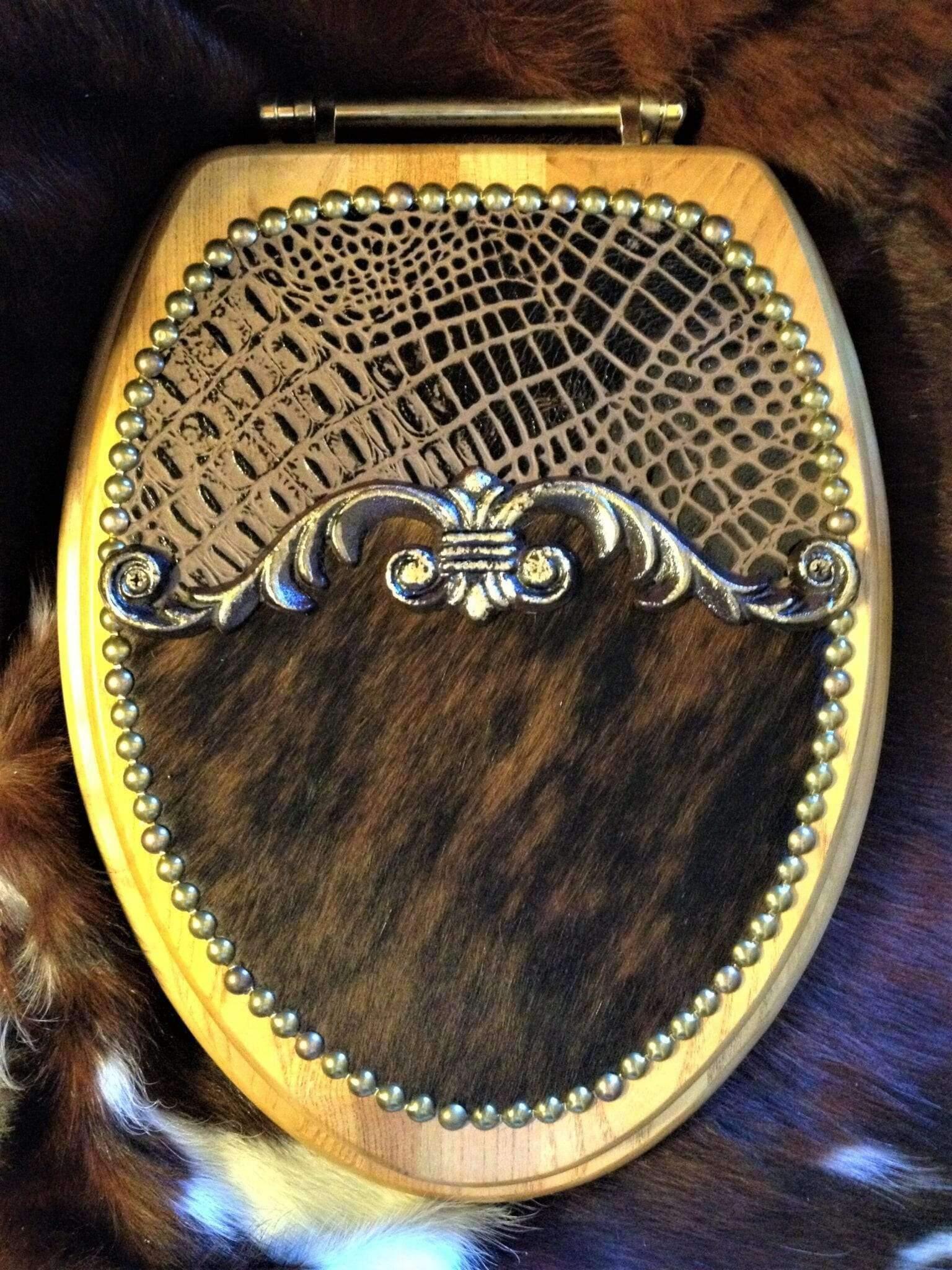 Brindle cowhide & croc embossed leather western toilet seat custom made in the USA