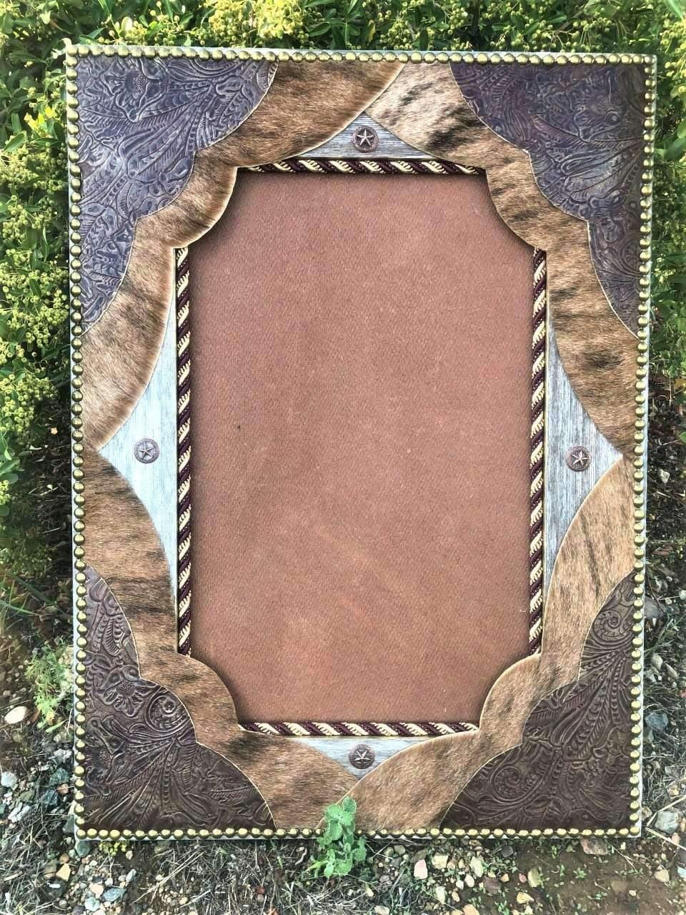 Handmade rectangle barnwood wall mirror accented with embossed leather and brindle cowhide with star conchos and continuous nailhead tacking - Handmade in Arizona, USA - Your Western Decor