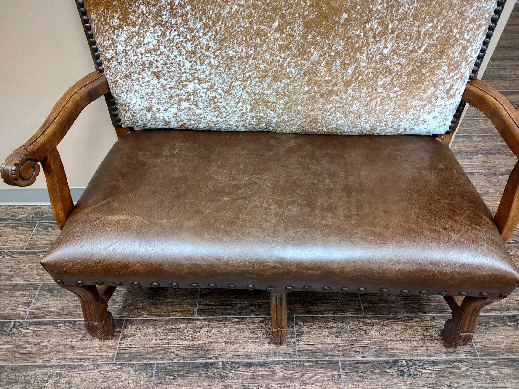 Leather and Longhorn Cowhide Settee - Custom Upholstered Furniture - Your Western Decor