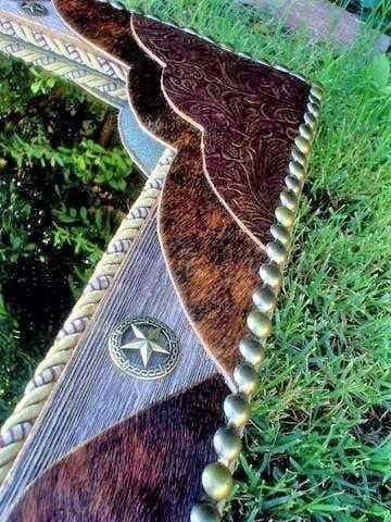 Handmade rectangle barnwood wall mirror accented with embossed leather and brindle cowhide with star conchos and continuous nailhead tacking - Handmade in Arizona, USA