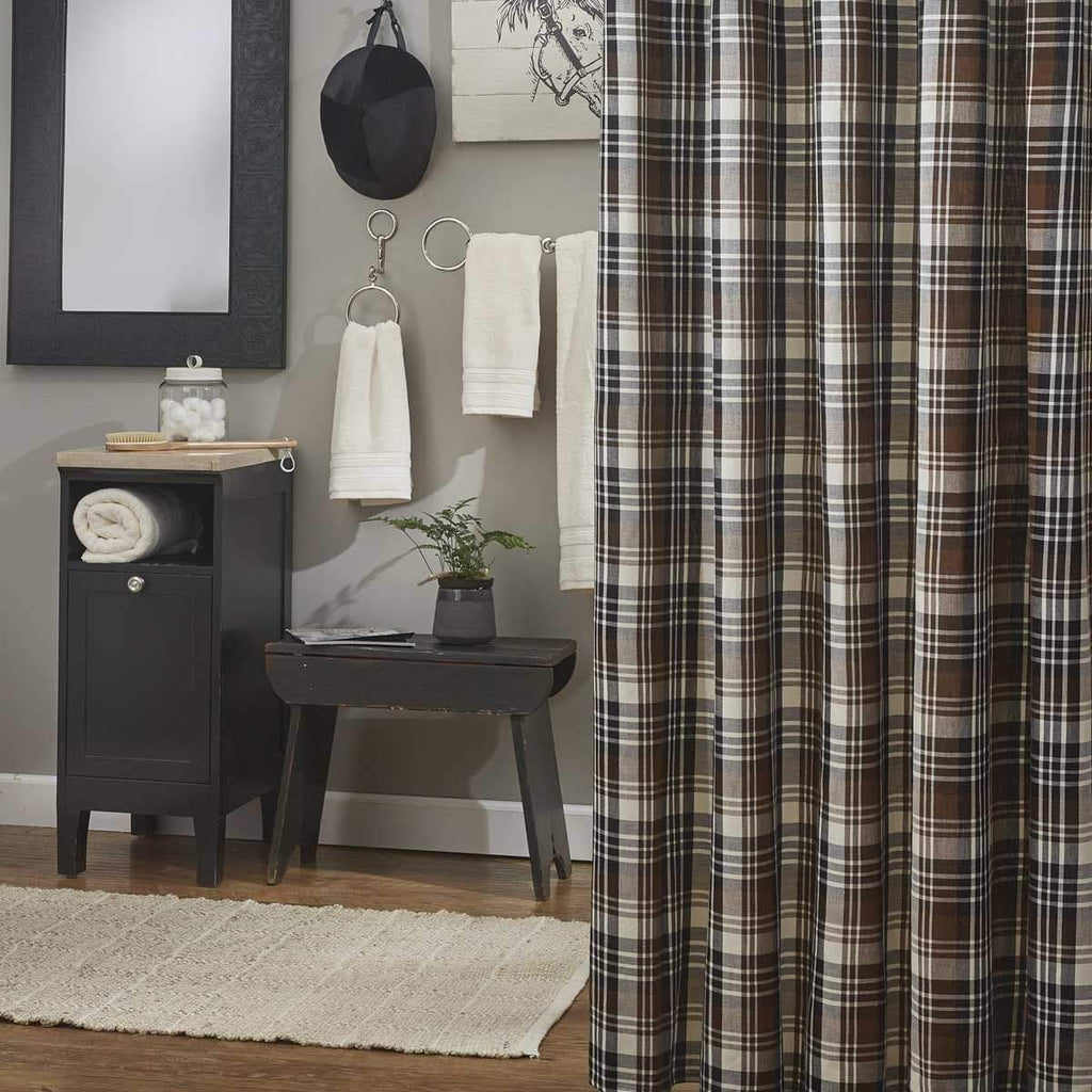 Derby plaid fabric shower curtain and equine bath hardware - Your Western Decor