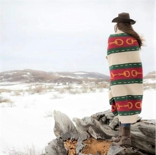 Eco Equine Striped Snaffle Woven Throw Blanket, Ivory, red, green, yellow. Made in the USA. Your Western Decor