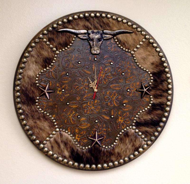 Western wall clock. Cowhide and leather. Made in the USA - Your Western Decor