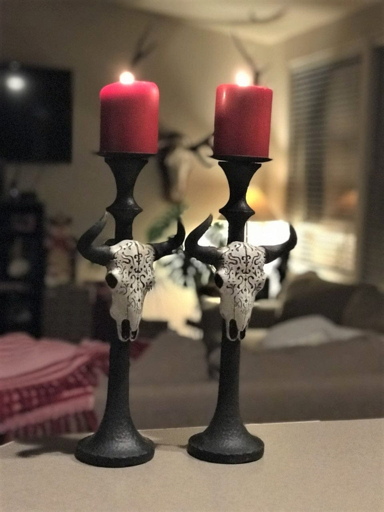 Engraved Steer Skull Western Candle Holders - Your Western Decor