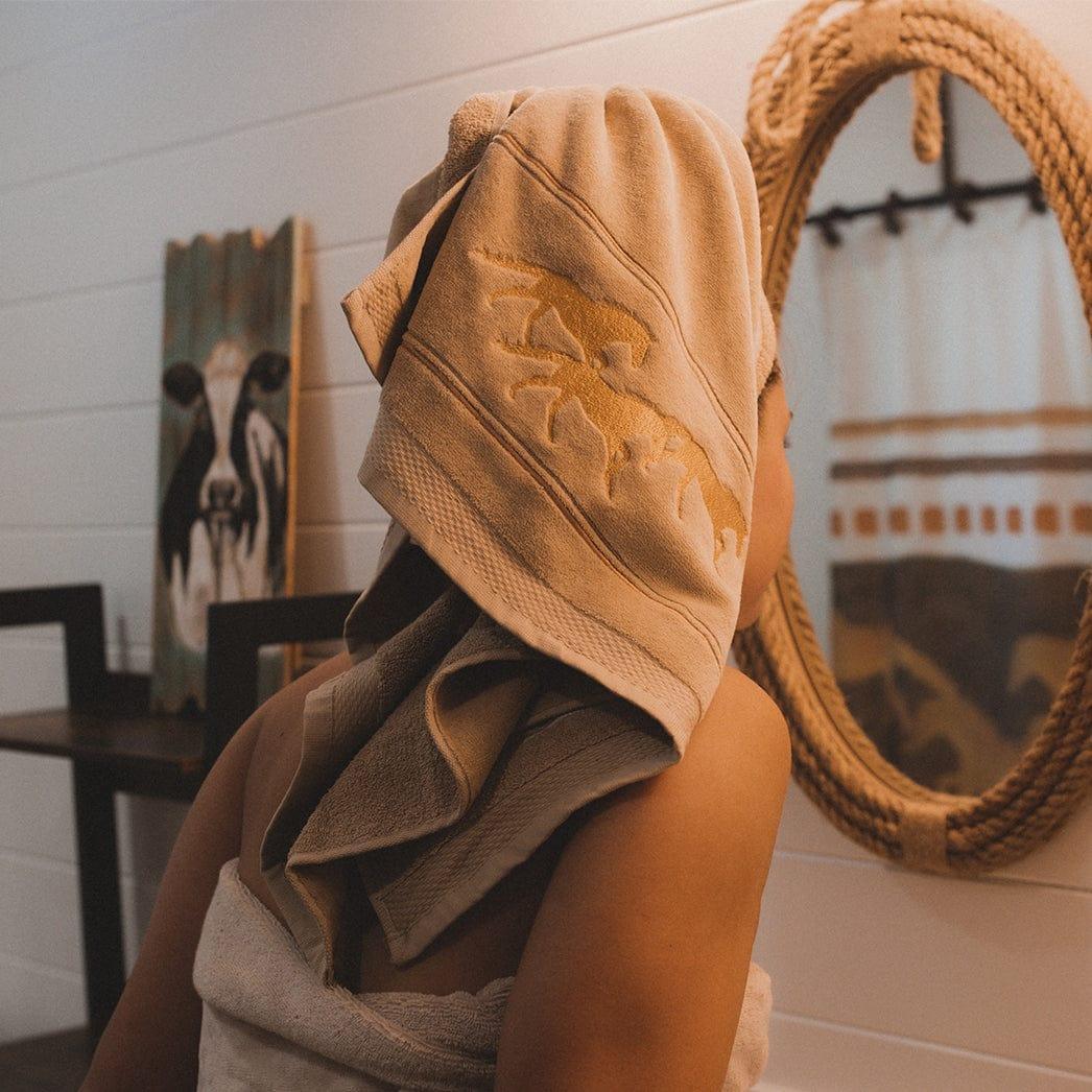 Equestrian Run Bath Towel in Natural Brown with golden horses - Your Western Decor