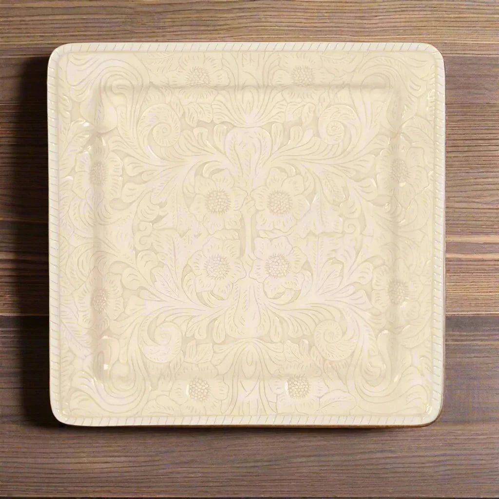 cream color, floral embossed western serving plate, square