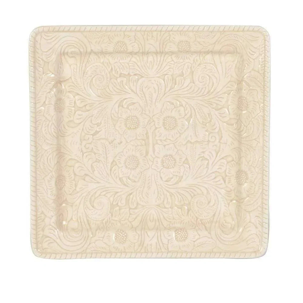 cream floral embossed square serving plate