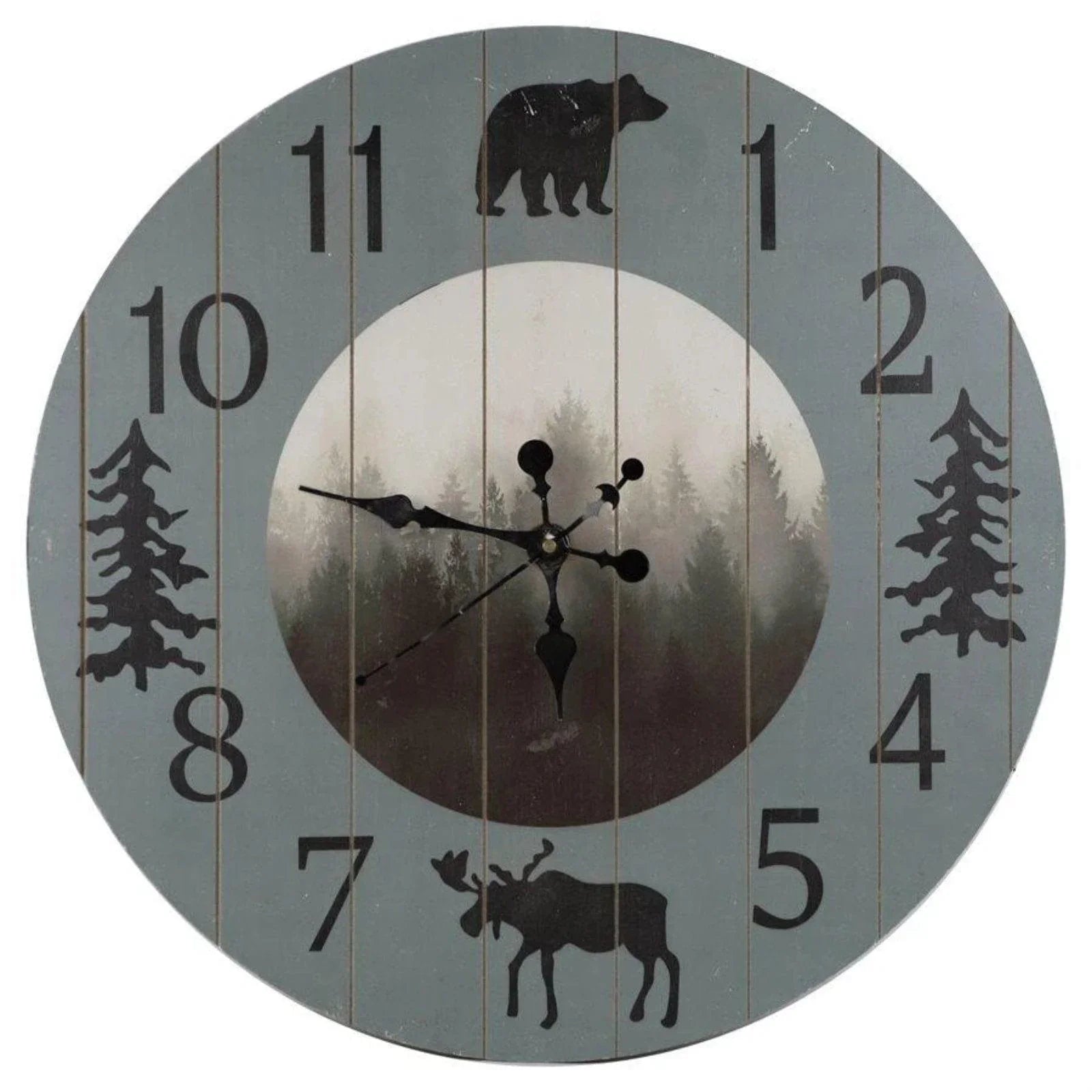 Rustic wood round wall clock with pine trees, bear, and moose paintings - Your Western Decor