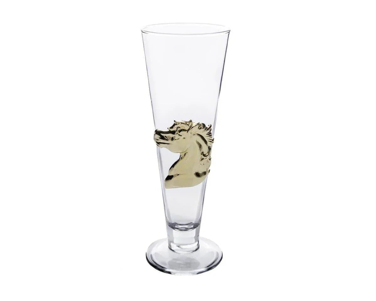 Pilsner beer glasses with 24k gold stallion on high clarity glass. Your Western Decor