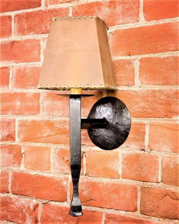Custom made hammered Iron indoor outdoor wall sconce with rawhide shade - made in the USA - Your Western Decor