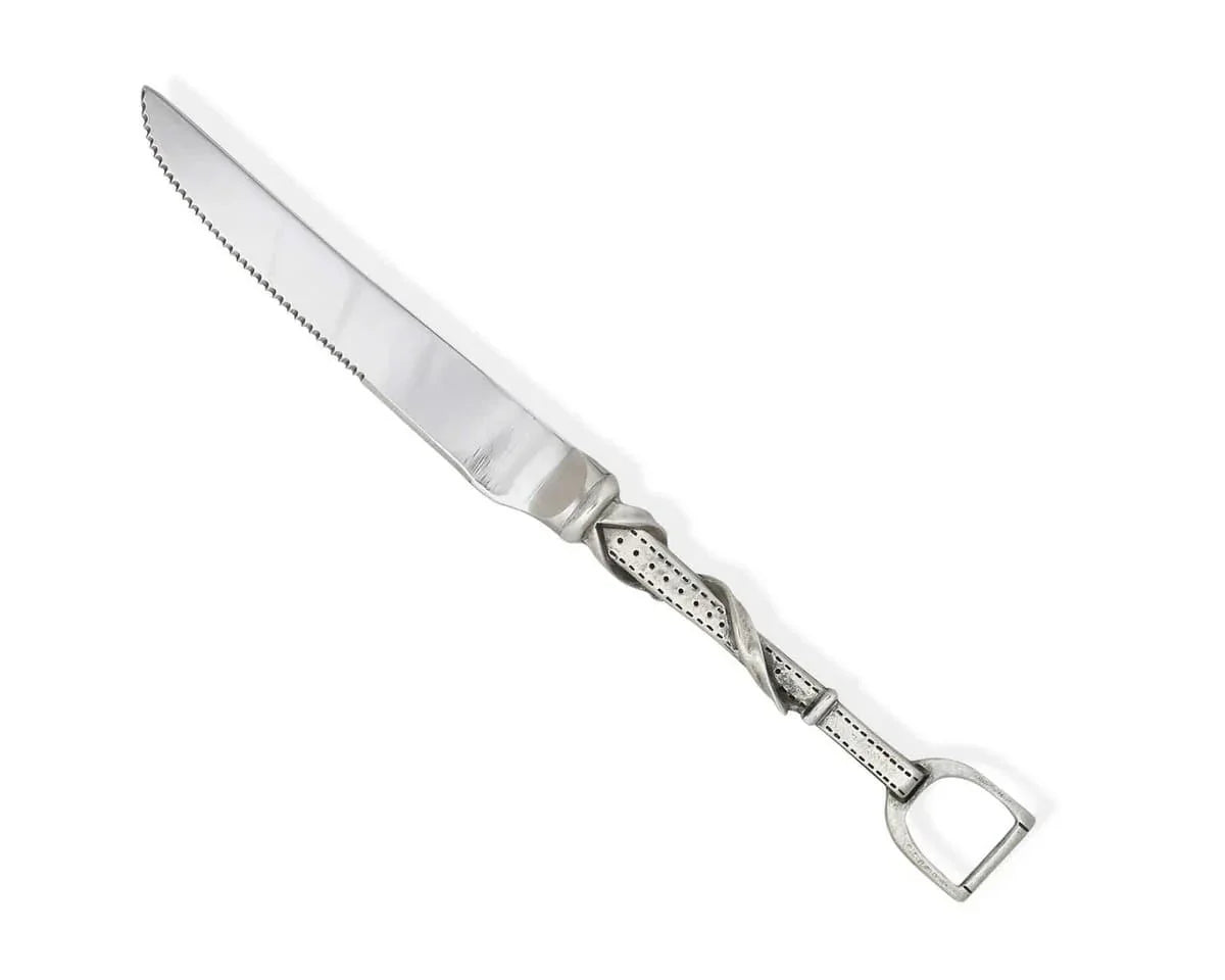 Stainless and pewter irons and leathers equine inspired steak knive set. Your Western Decor