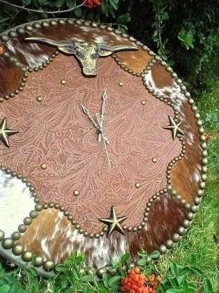 Cowhide and leather western wall clock. Made in the USA - Your Western Decor