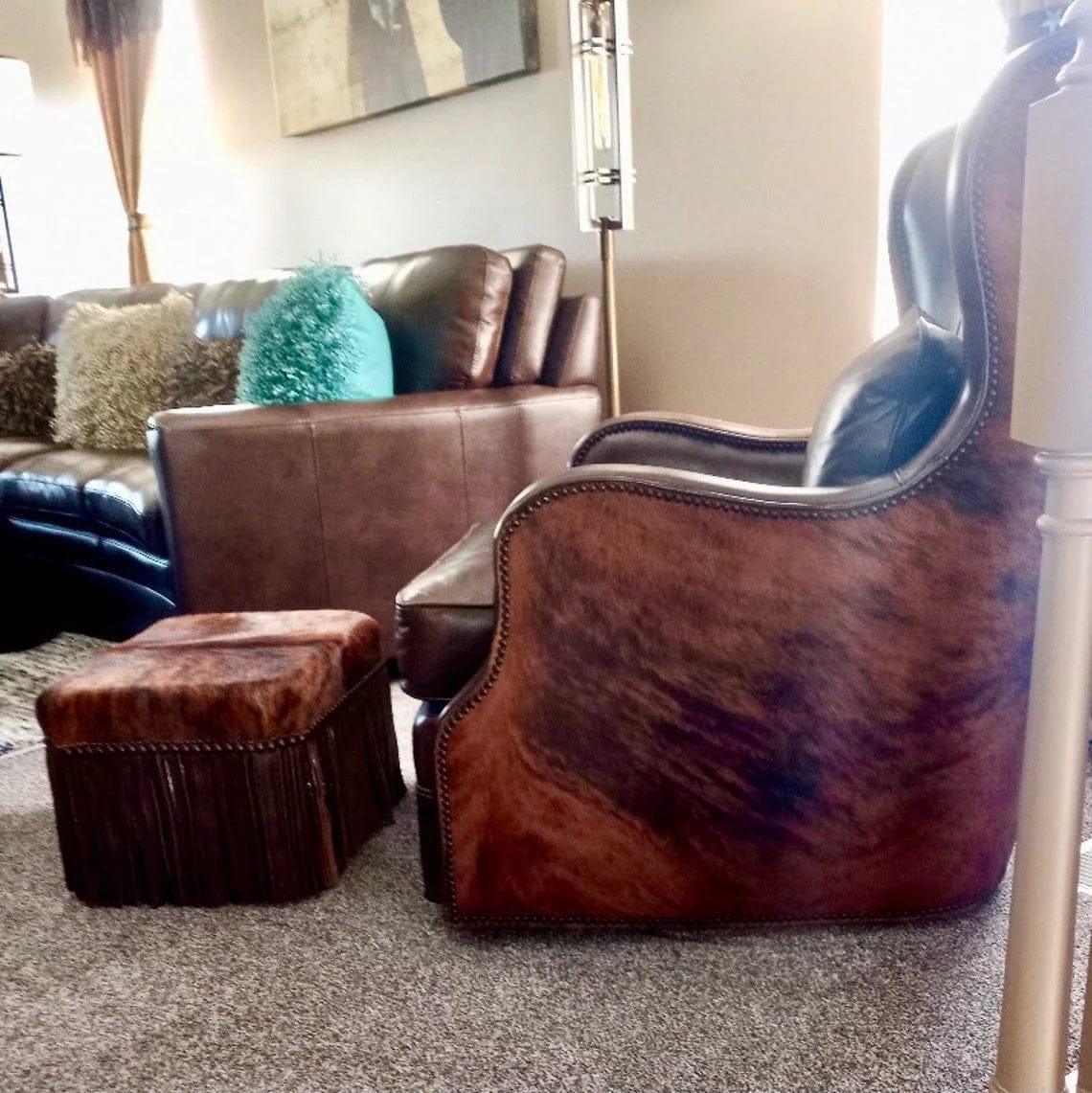 Luxury Leather Fringed Cowhide Stool Ottoman made in the USA - Your Western Decor