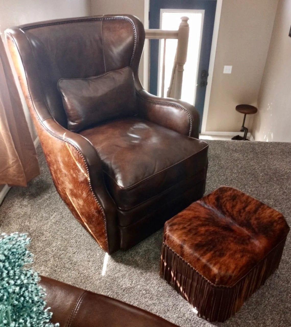 Luxury Leather Fringed Cowhide Stool Ottoman made in the USA - Your Western Decor