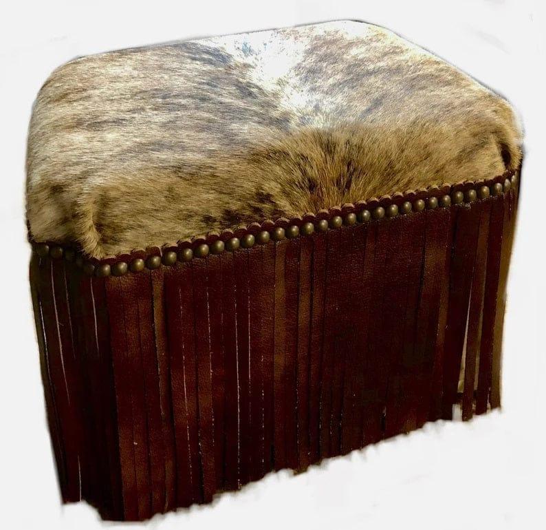 Luxury Leather Fringed Brindle Cowhide Stool Ottoman made in the USA - Your Western Decor