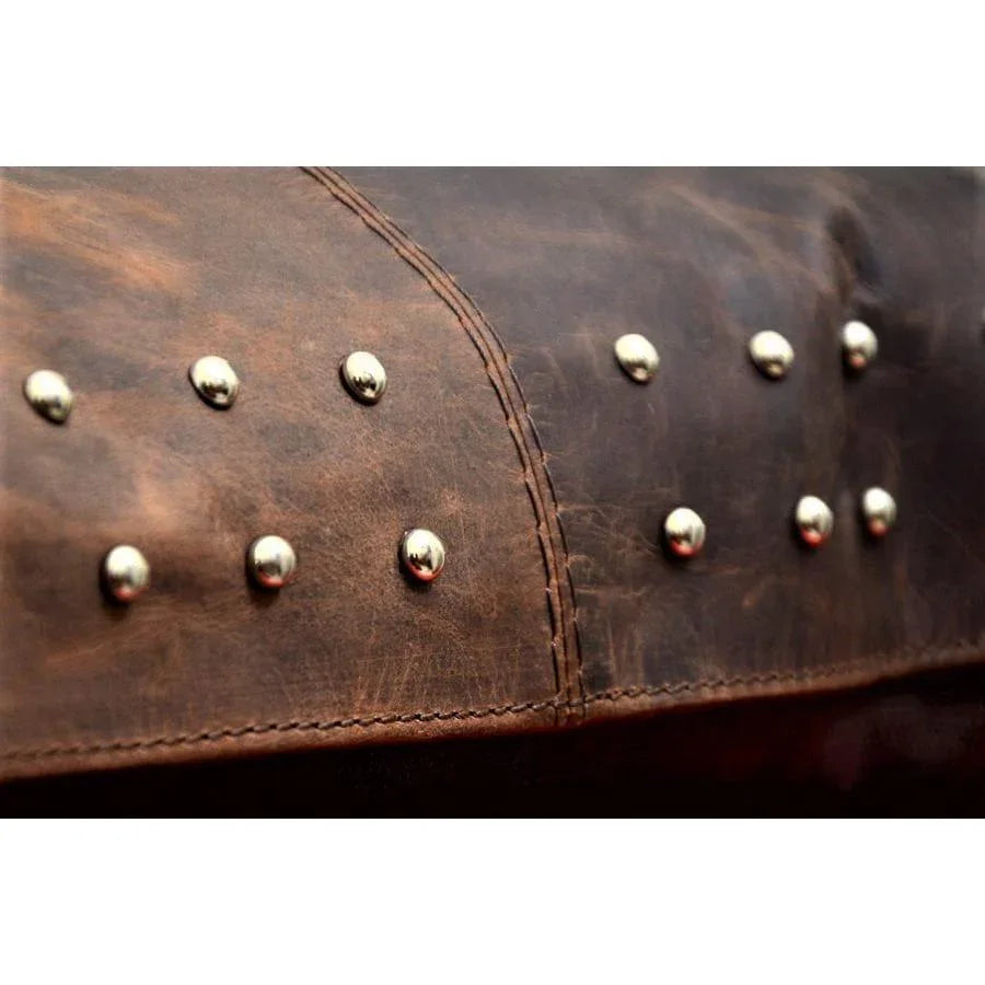 Aztec Leather and White Cowhide Throw Pillow stud detail - Your Western Decor