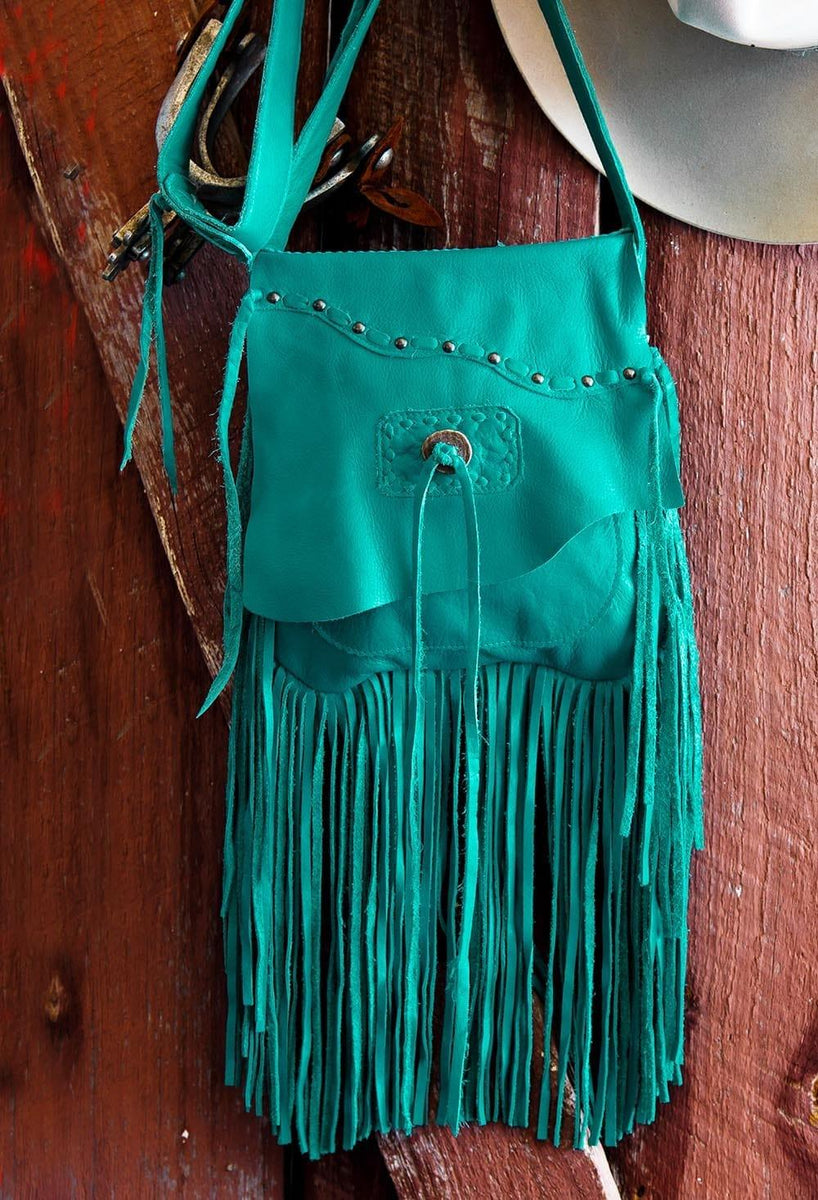 Turquoise Leather Bag With Fringe Detail - Small & Round