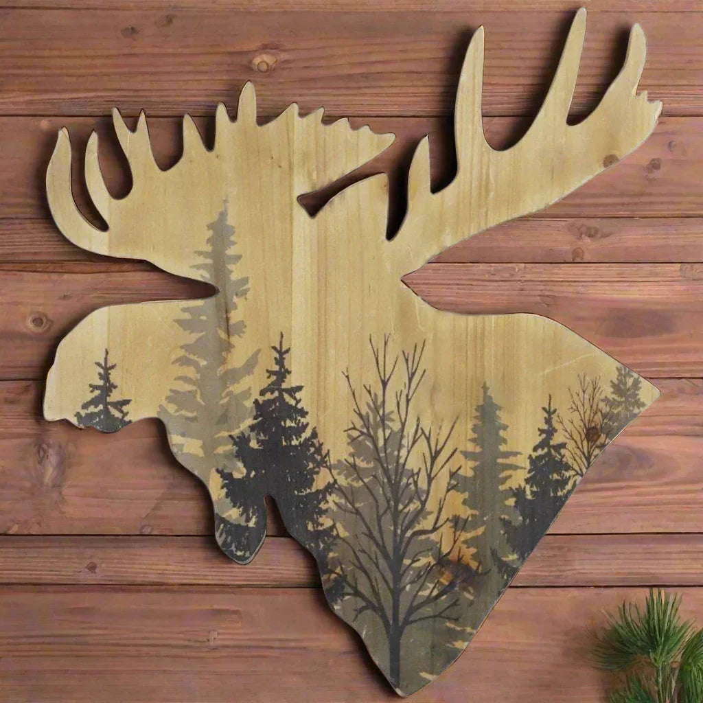 Wood moose cut-out with forest scene - Your Western Decor