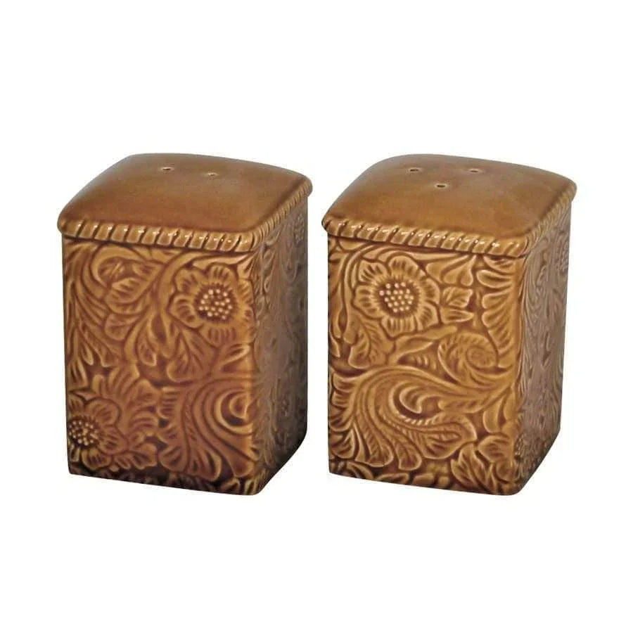 dark mustard color, embossed ceramic salt pepper shakers - Your Western Decor