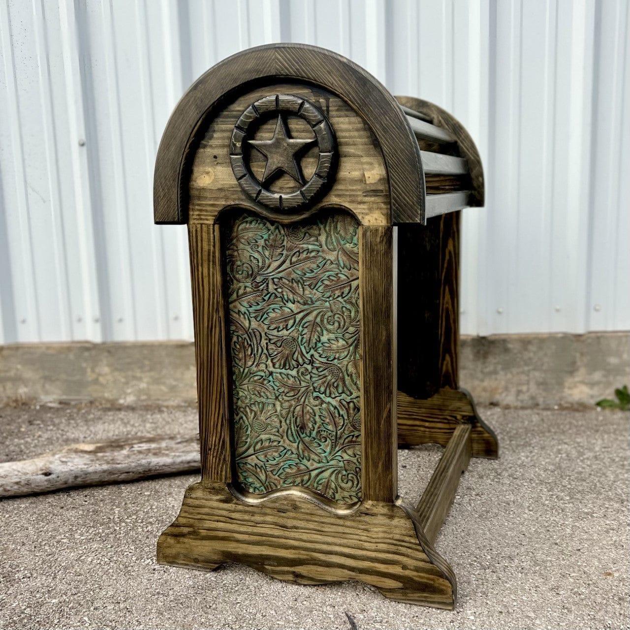 Autumn turquoise leather on western saddle stand - Your Western Decor