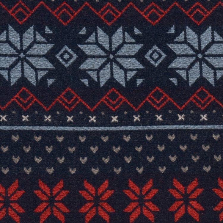 Nordic upholstery fabric with snowflake pattern ski lodge wool blend fabric in navy red and gray tones
